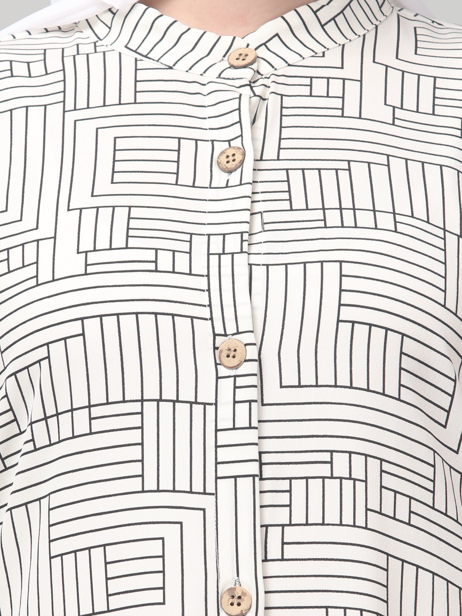 White Front Open Striped Printed Crepe Abaya