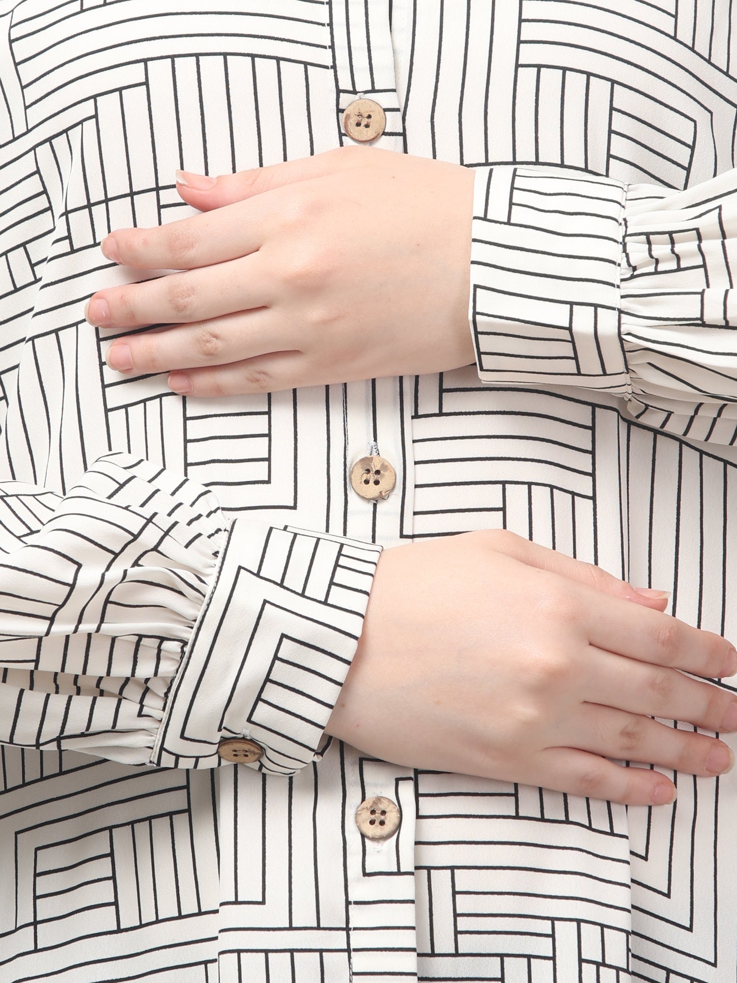 White Front Open Striped Printed Crepe Abaya