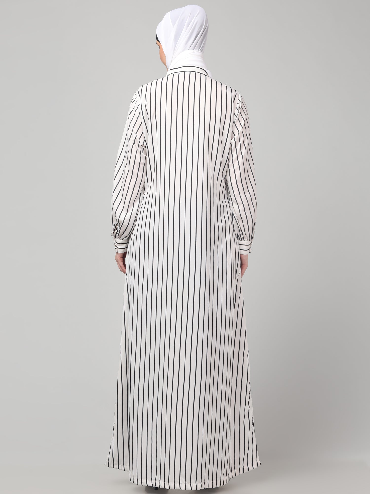 White Front Open Striped Printed Crepe Abaya with Button Closure