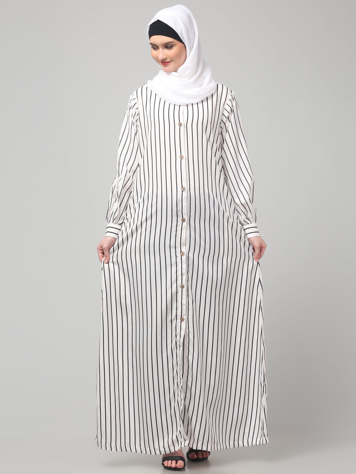 White Front Open Striped Printed Crepe Abaya with Button Closure