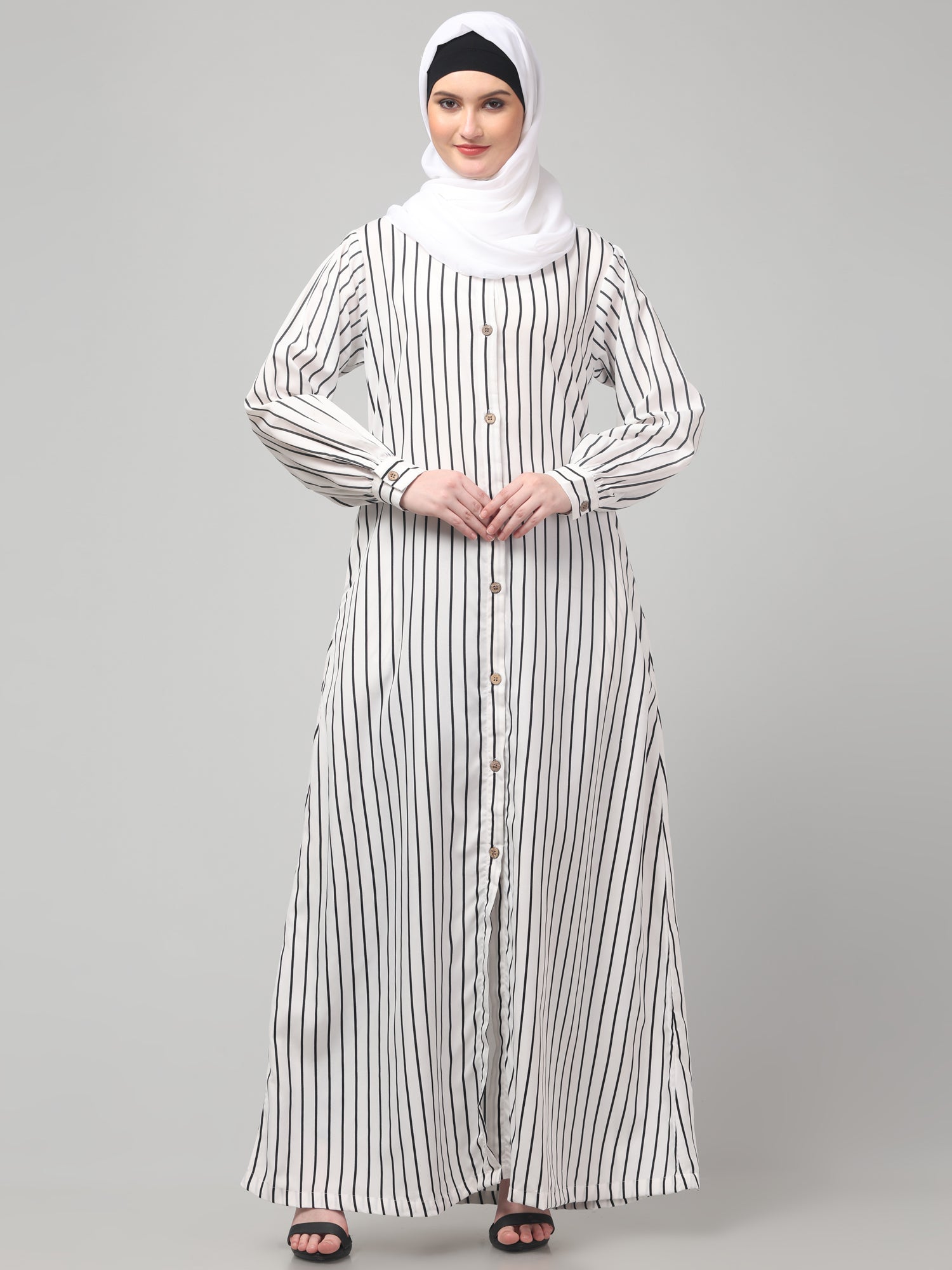 White Front Open Striped Printed Crepe Abaya with Button Closure