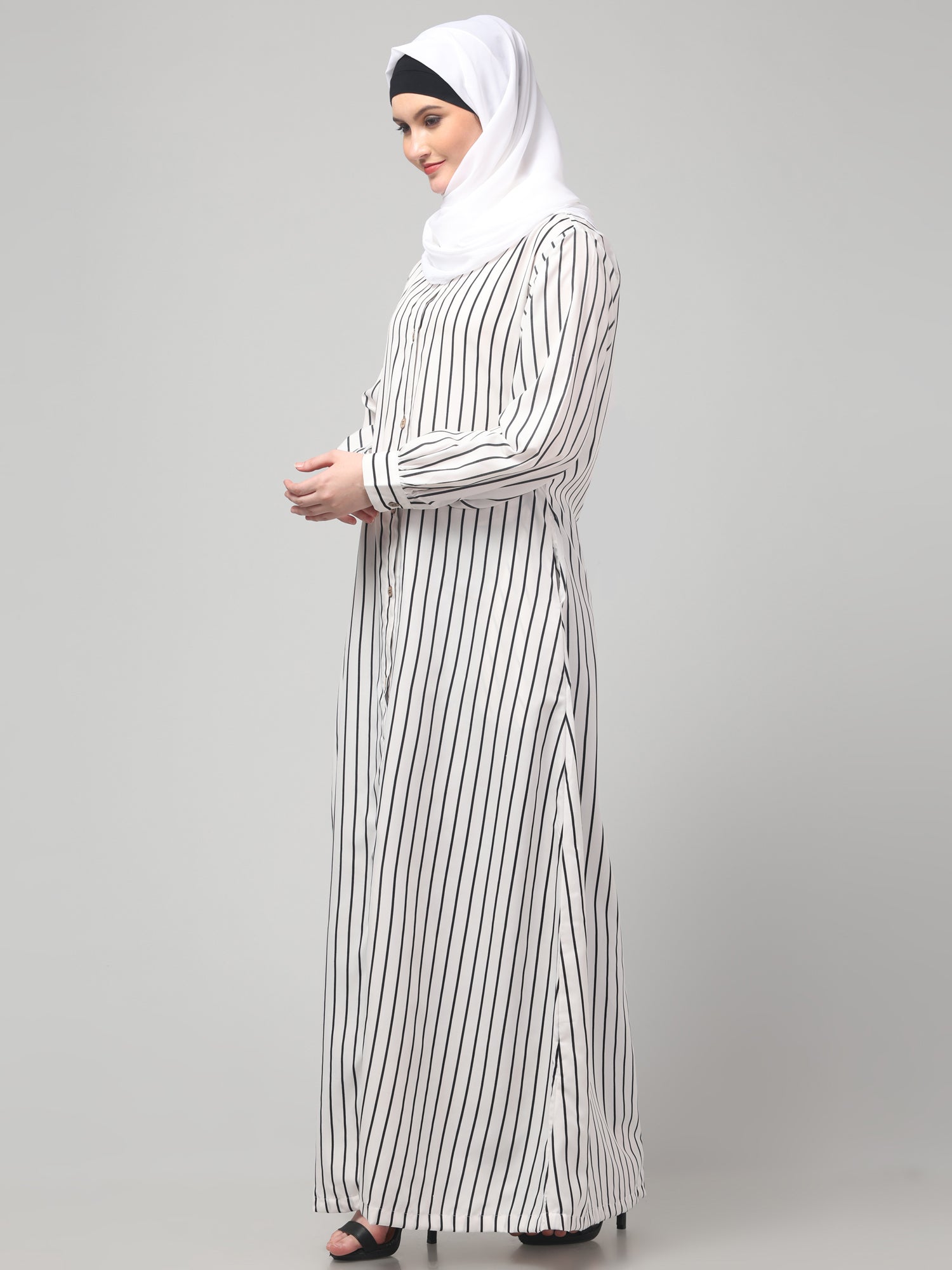 White Front Open Striped Printed Crepe Abaya with Button Closure