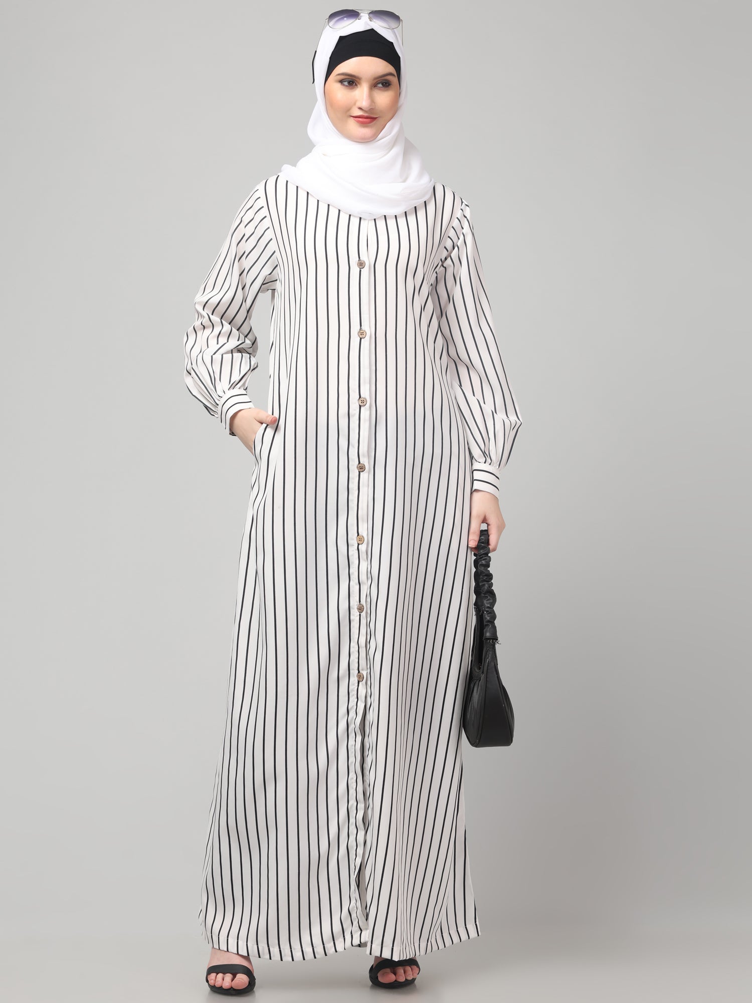 White Front Open Striped Printed Crepe Abaya with Button Closure