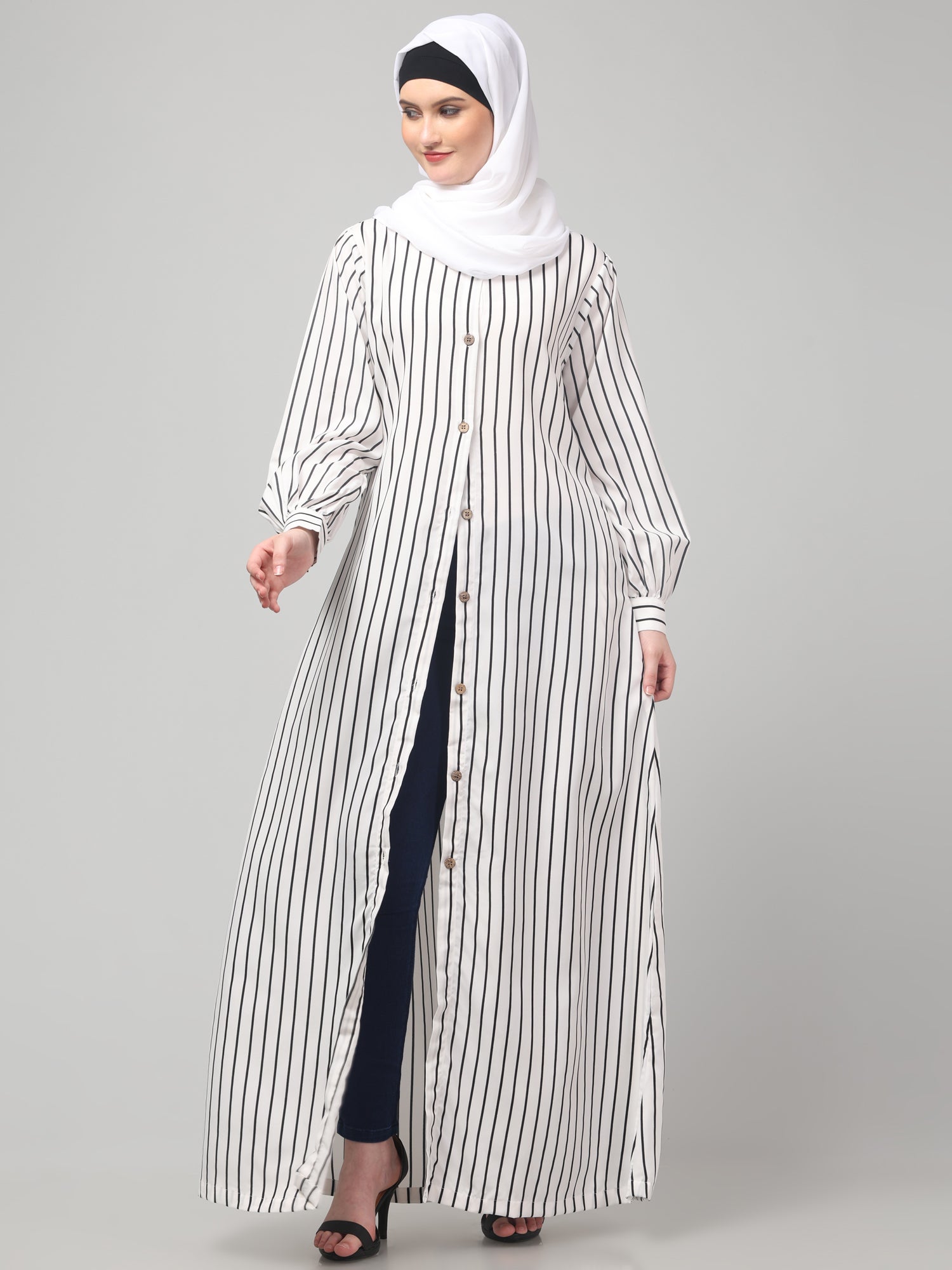 White Front Open Striped Printed Crepe Abaya with Button Closure