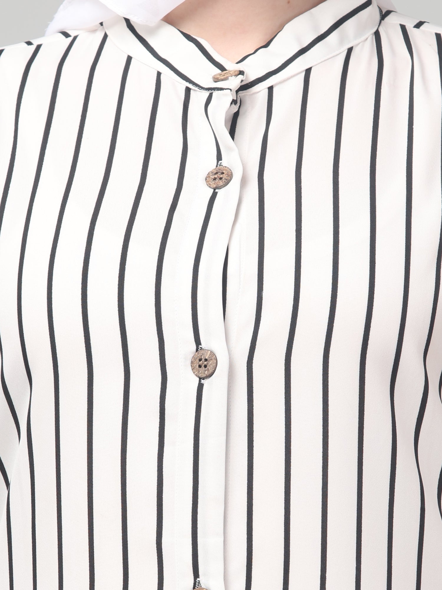 White Front Open Striped Printed Crepe Abaya with Button Closure