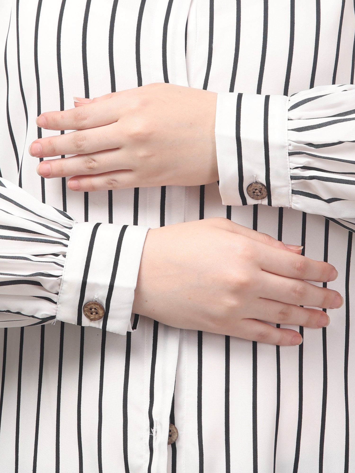 White Front Open Striped Printed Crepe Abaya with Button Closure