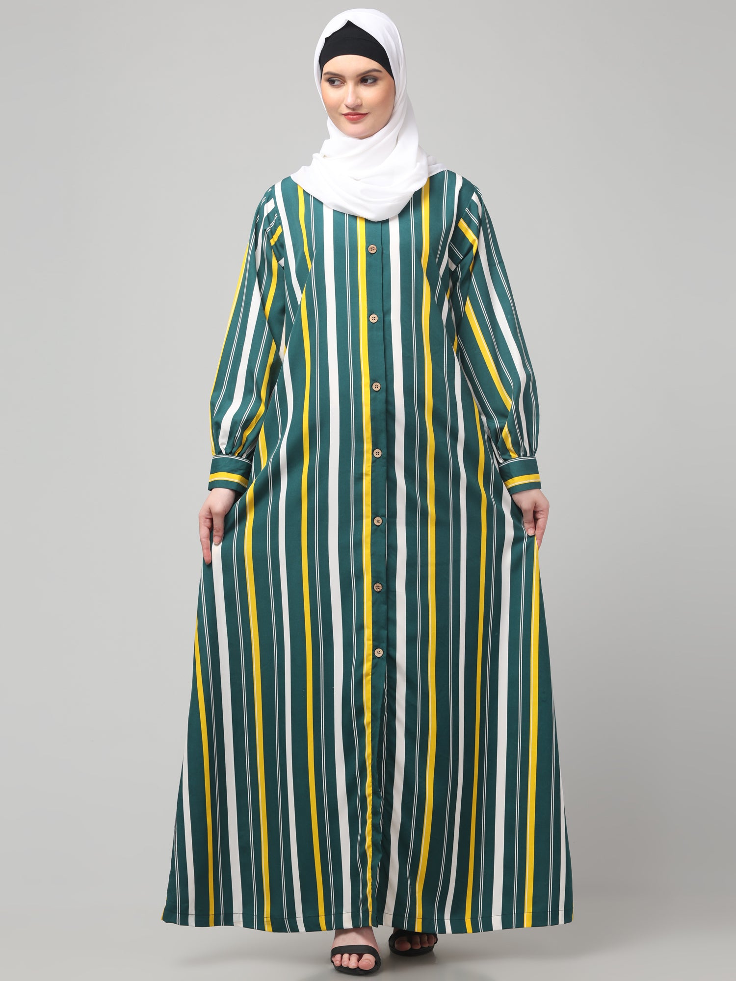 Multicolor Front Open Striped Printed Crepe Abaya