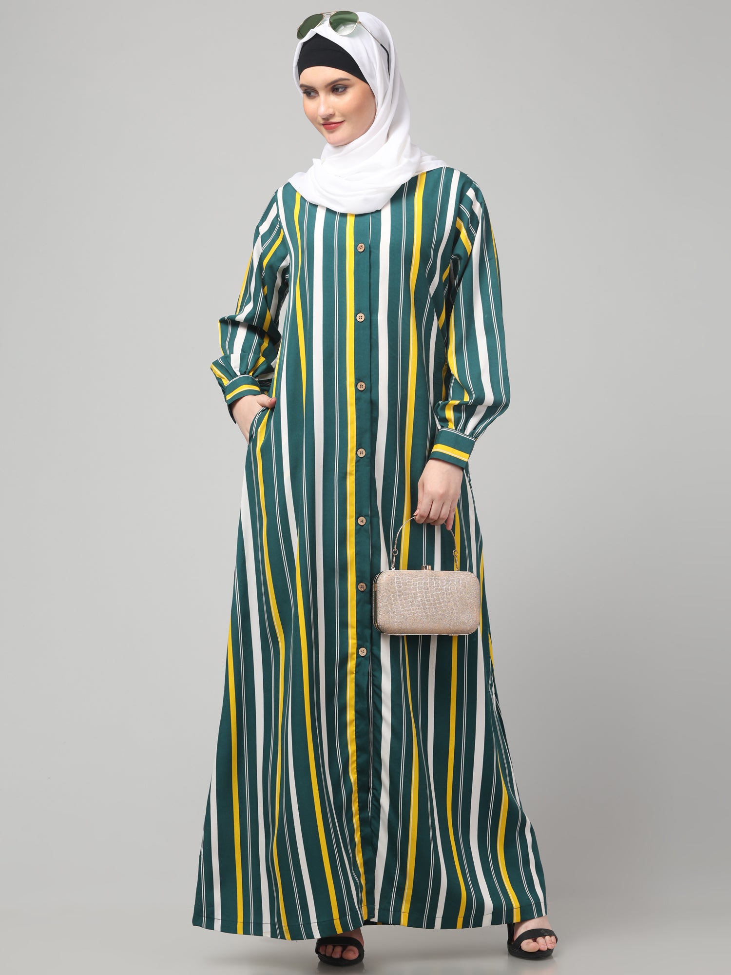 Multicolor Front Open Striped Printed Crepe Abaya