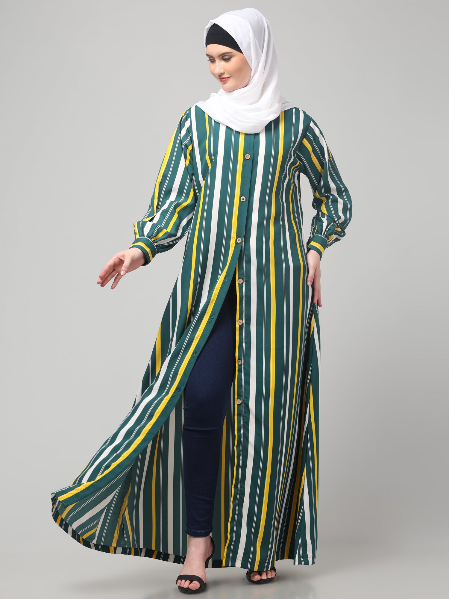 Multicolor Front Open Striped Printed Crepe Abaya
