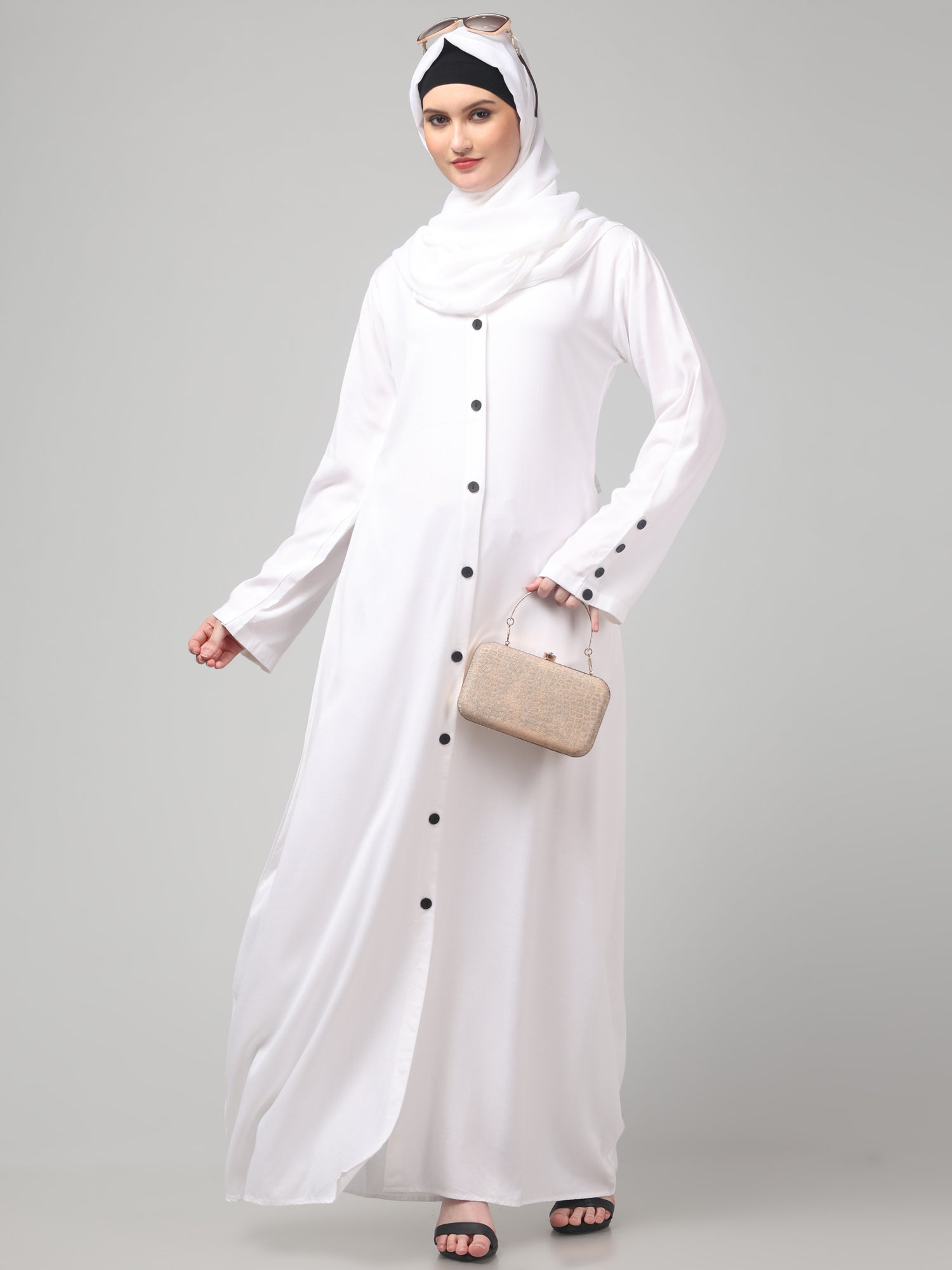 White Front-Open Rayon Women Abaya Burqa