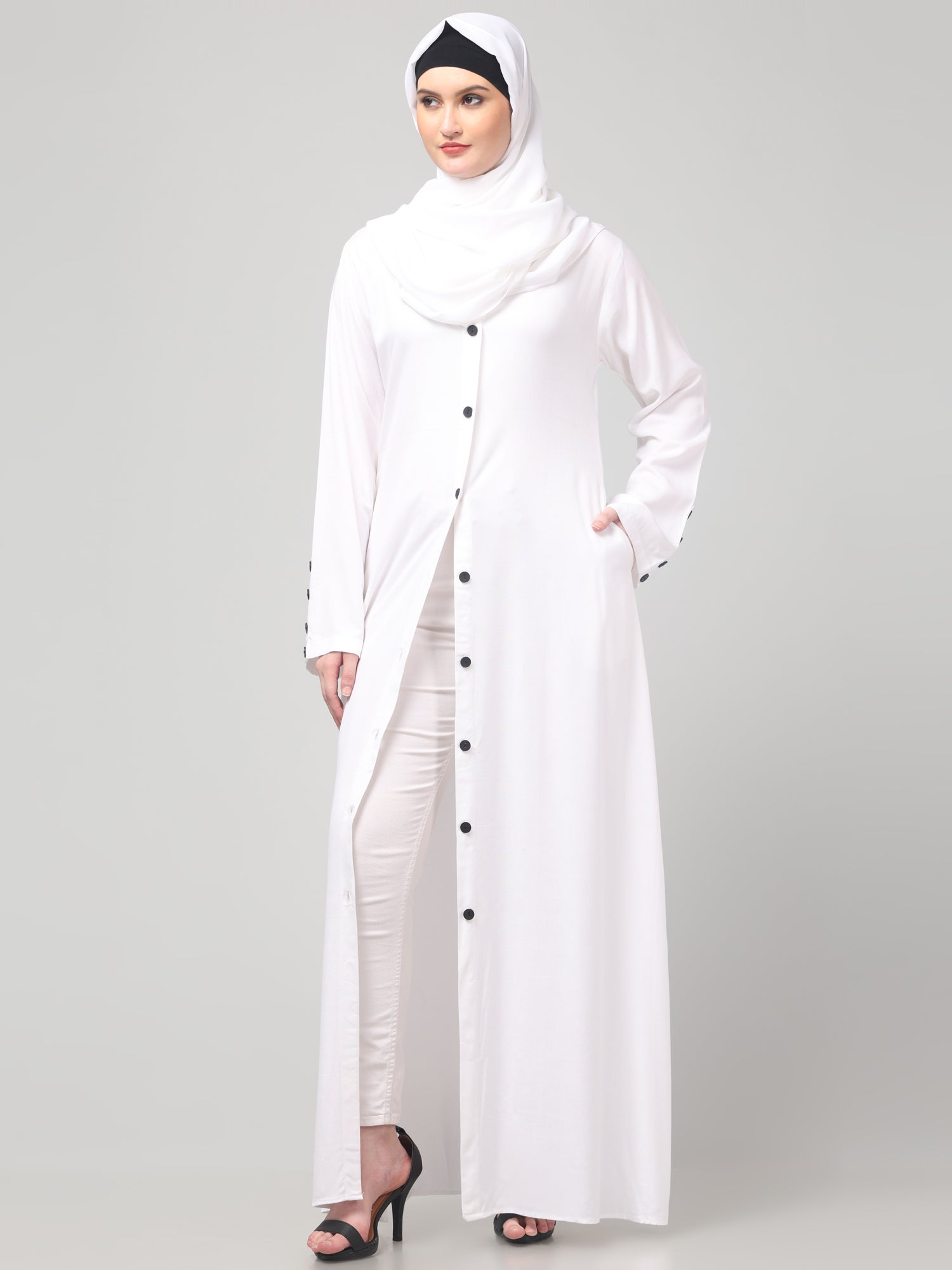 White Front-Open Rayon Women Abaya Burqa