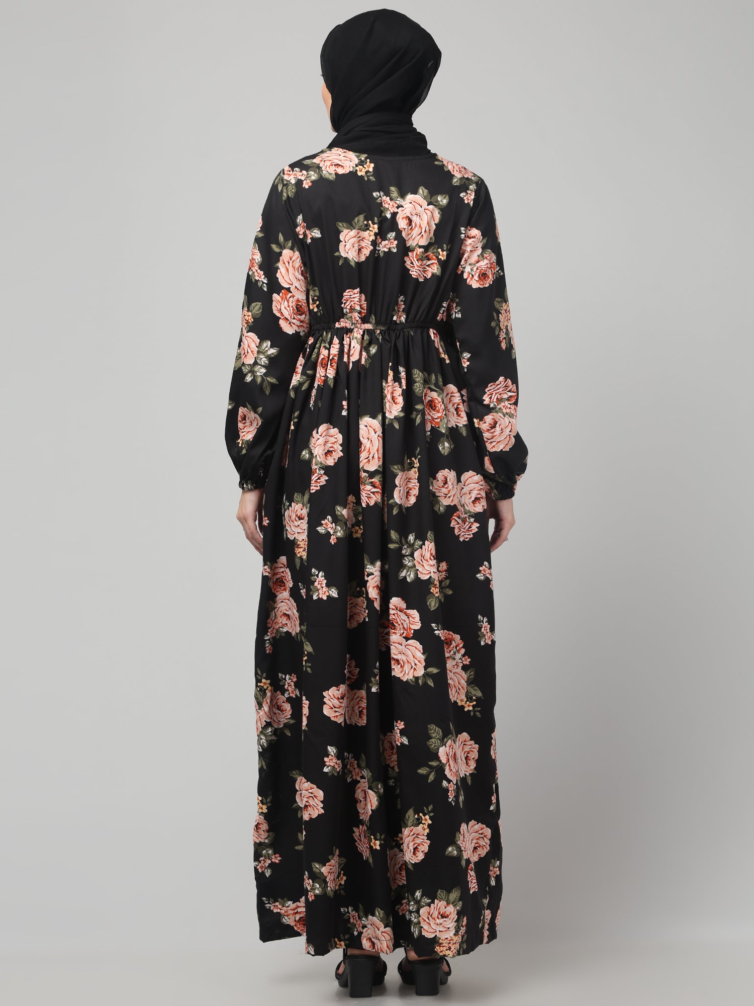 Black Floral Printed Crepe Abaya Dress for Women