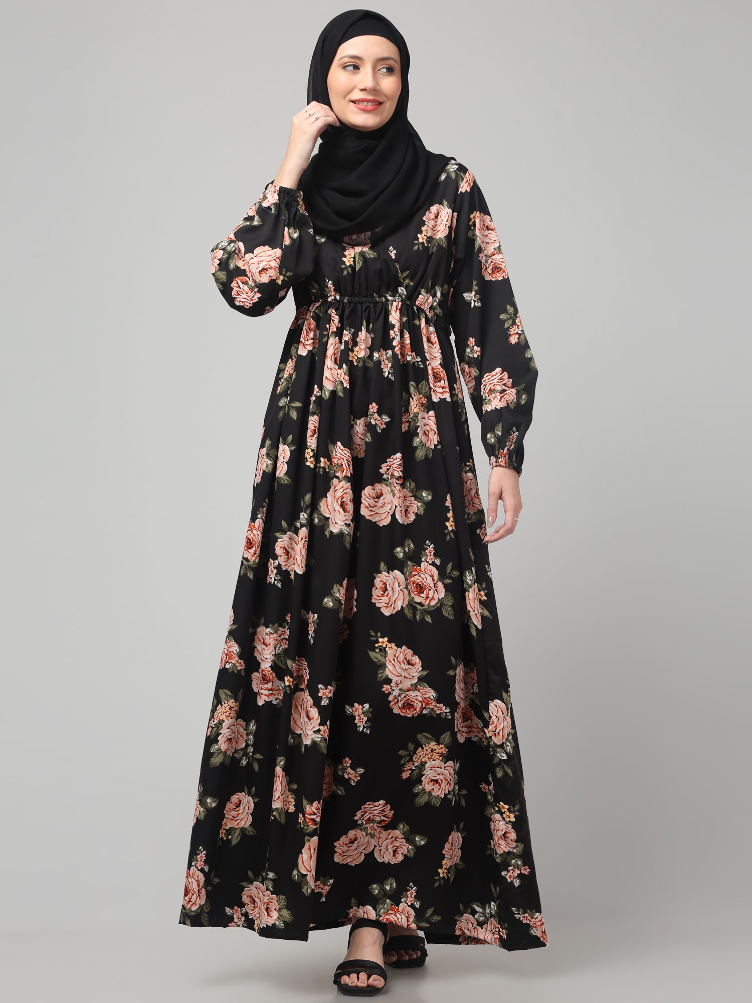 Black Floral Printed Crepe Abaya Dress for Women