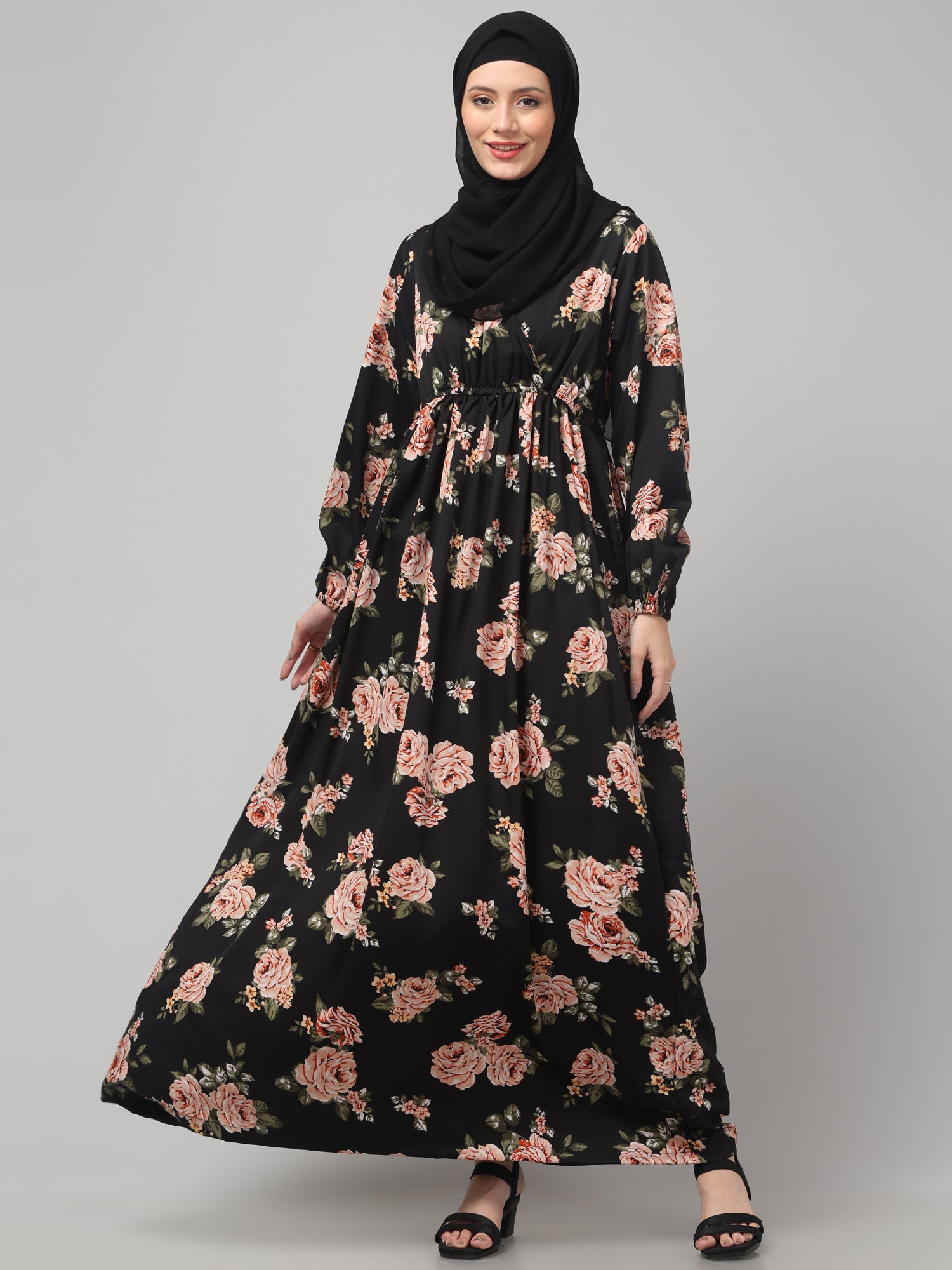 Black Floral Printed Crepe Abaya Dress for Women