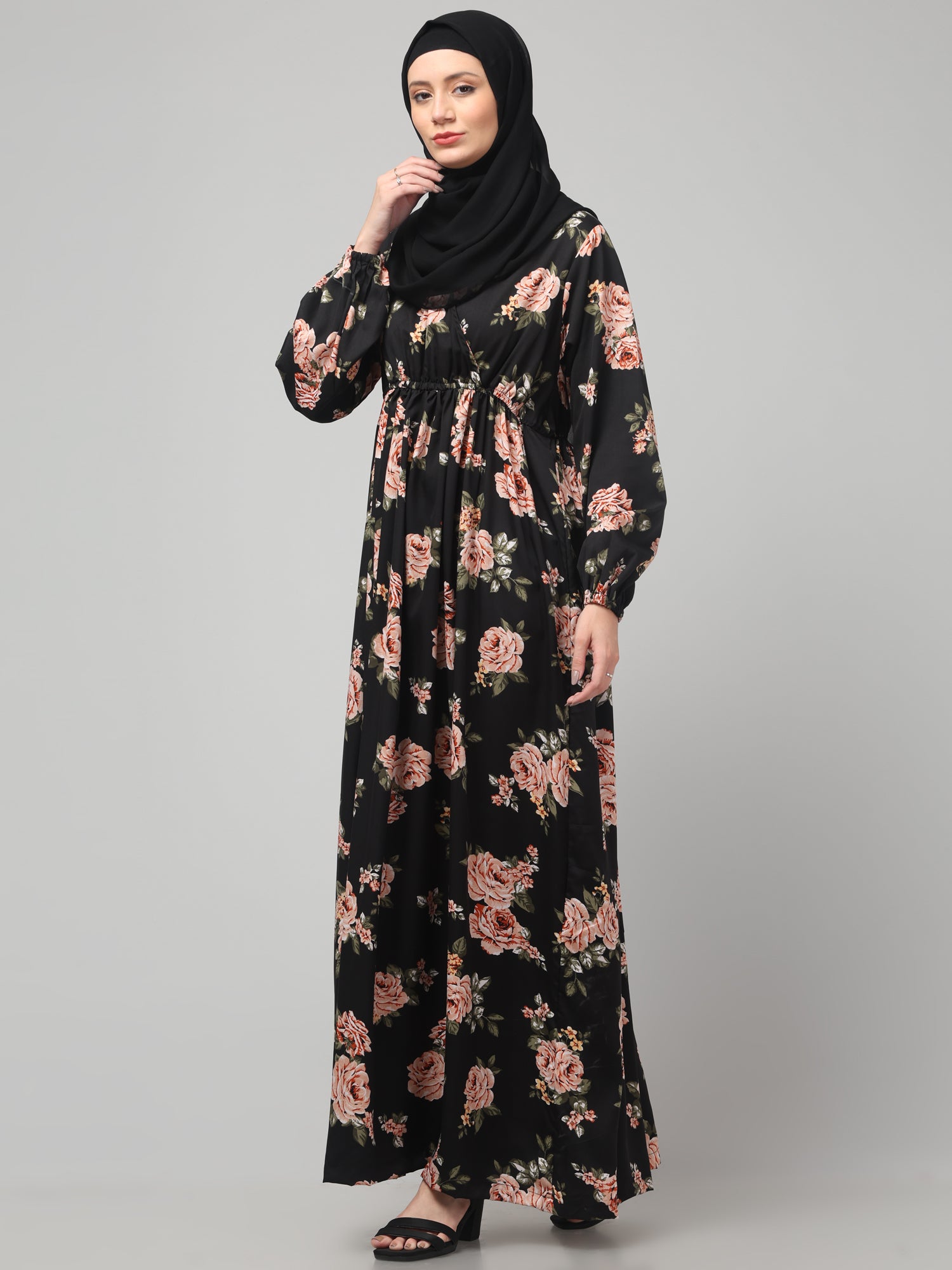 Black Floral Printed Crepe Abaya Dress for Women