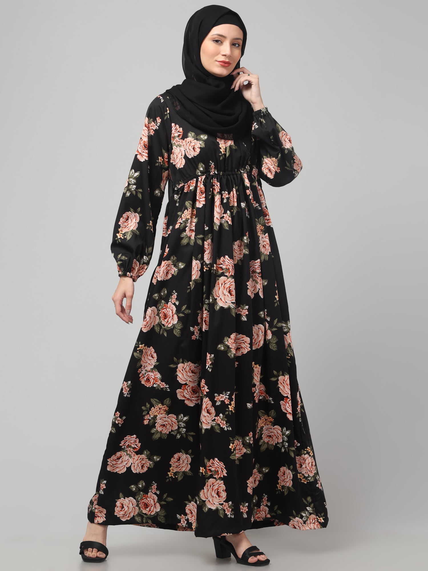 Black Floral Printed Crepe Abaya Dress for Women