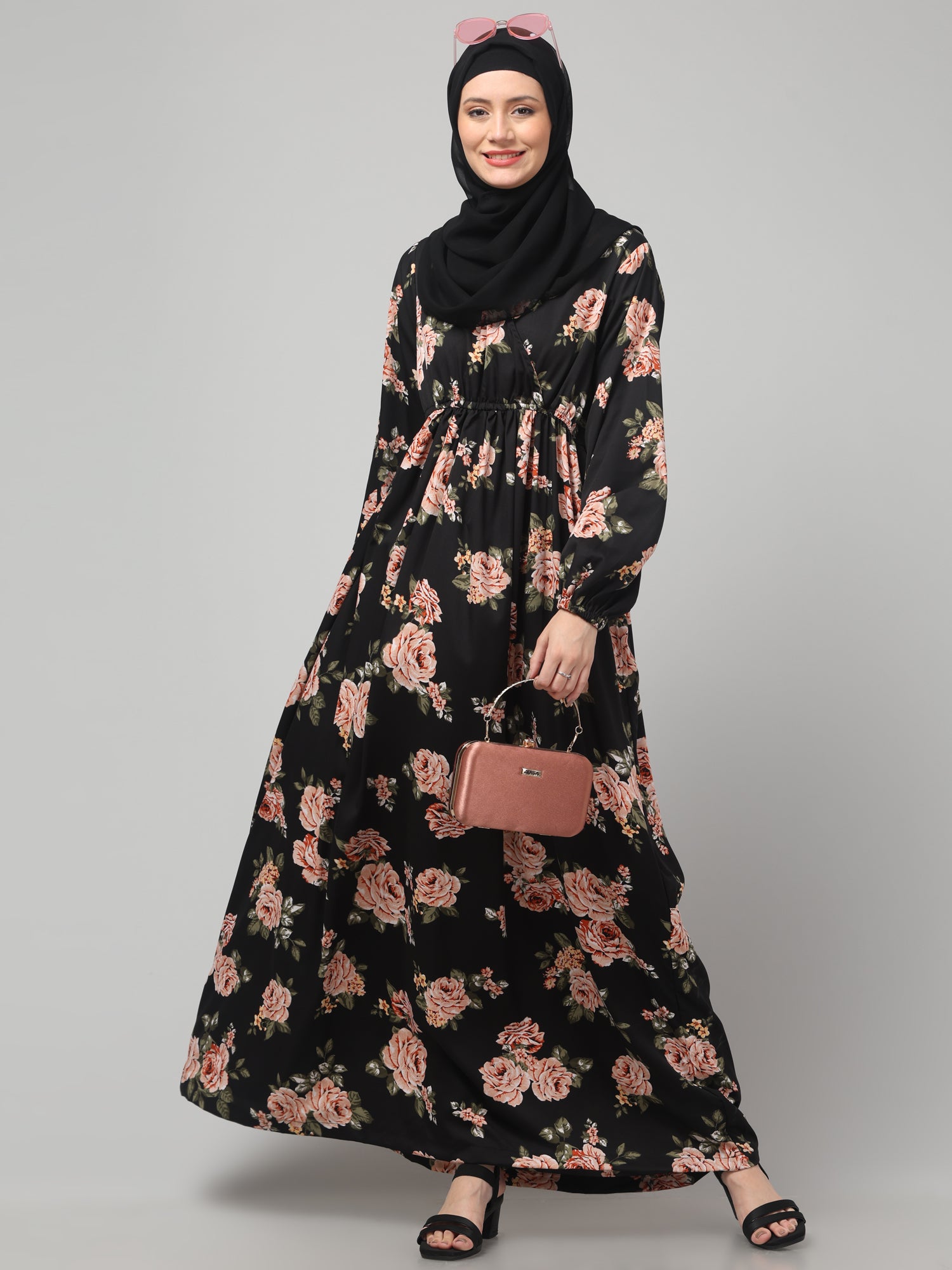 Black Floral Printed Crepe Abaya Dress for Women