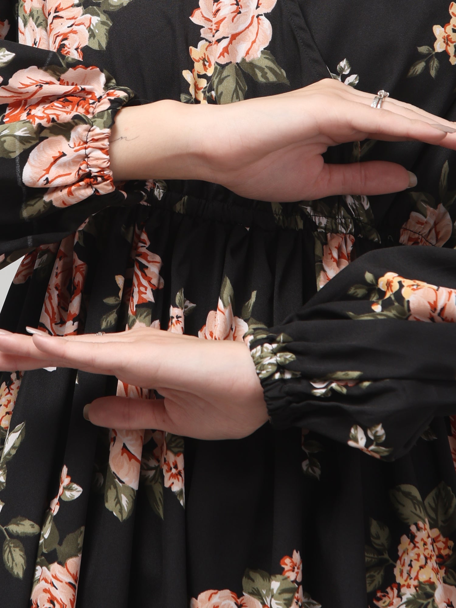 Black Floral Printed Crepe Abaya Dress for Women