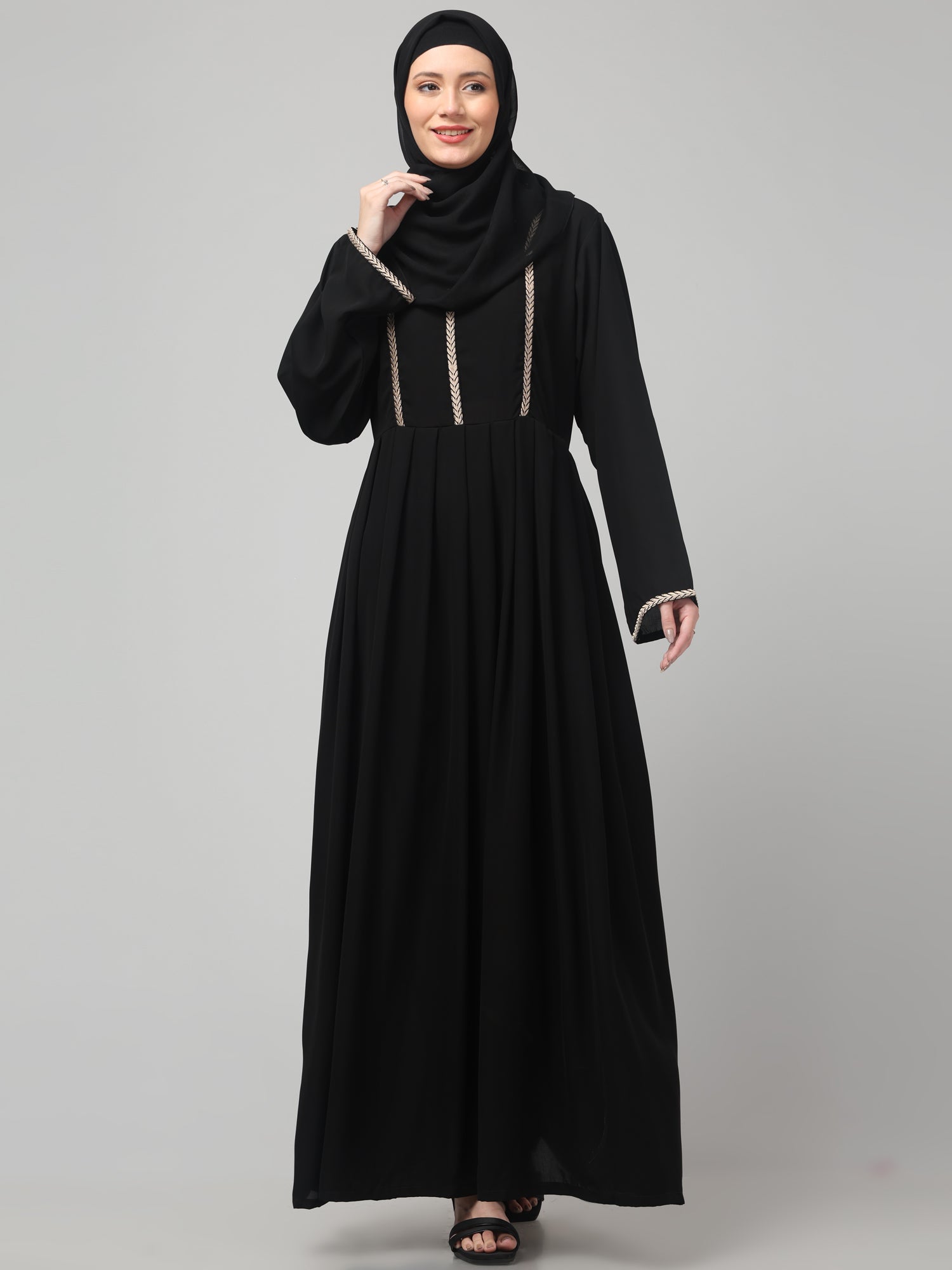 Black Solid Nida Matte Embroidered Abaya with Round Neck