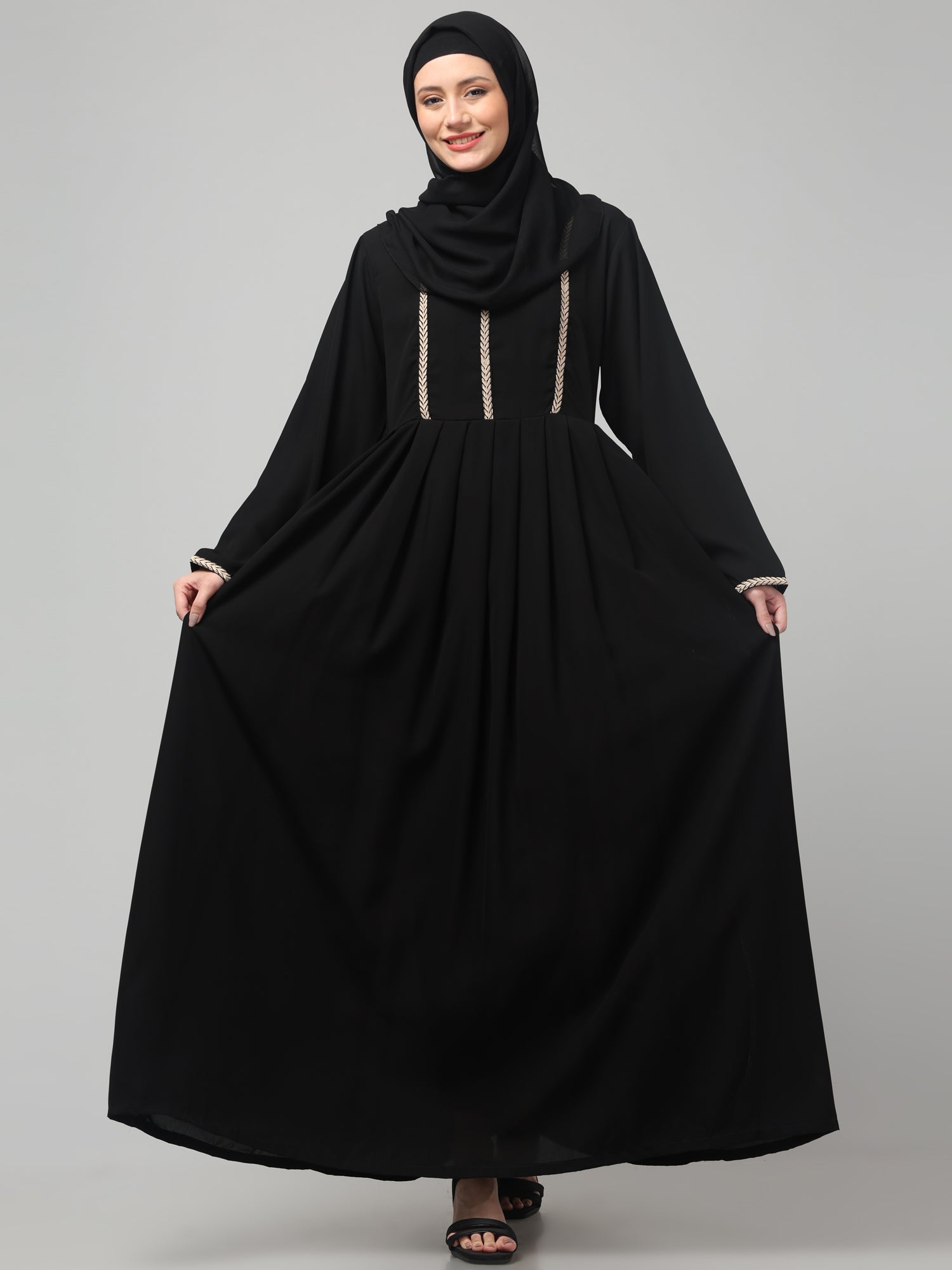 Black Solid Nida Matte Embroidered Abaya with Round Neck