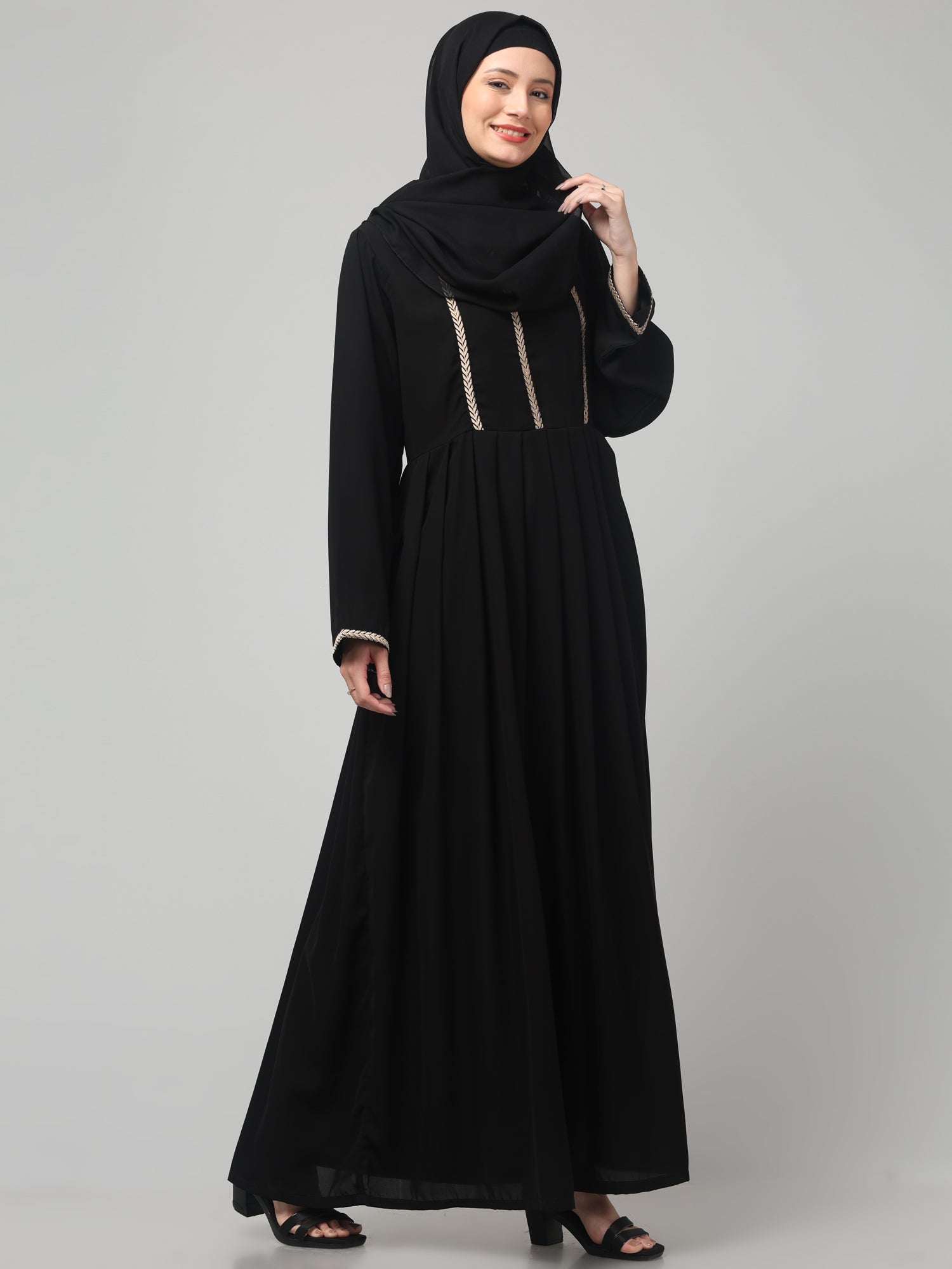 Black Solid Nida Matte Embroidered Abaya with Round Neck