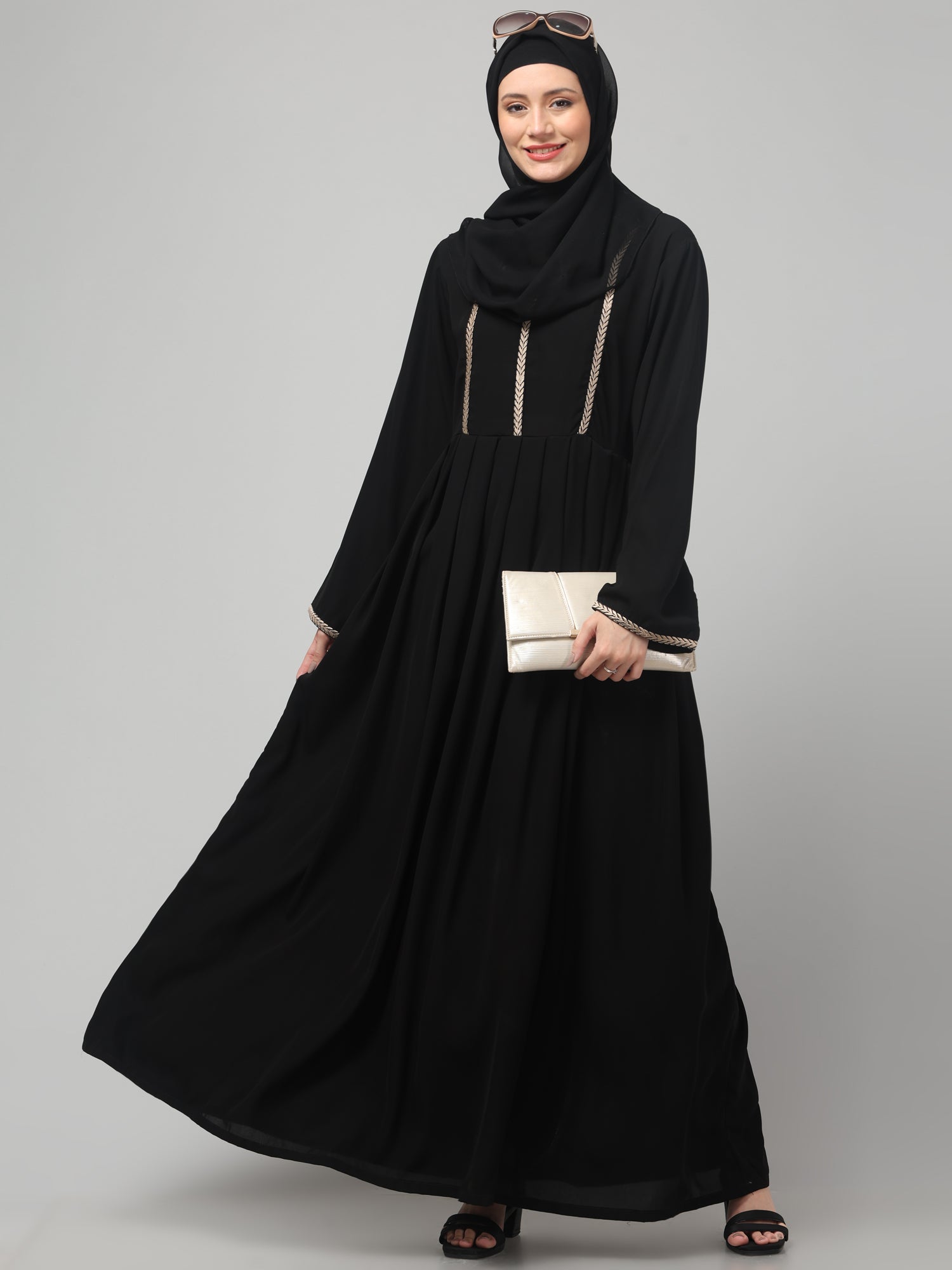 Black Solid Nida Matte Embroidered Abaya with Round Neck