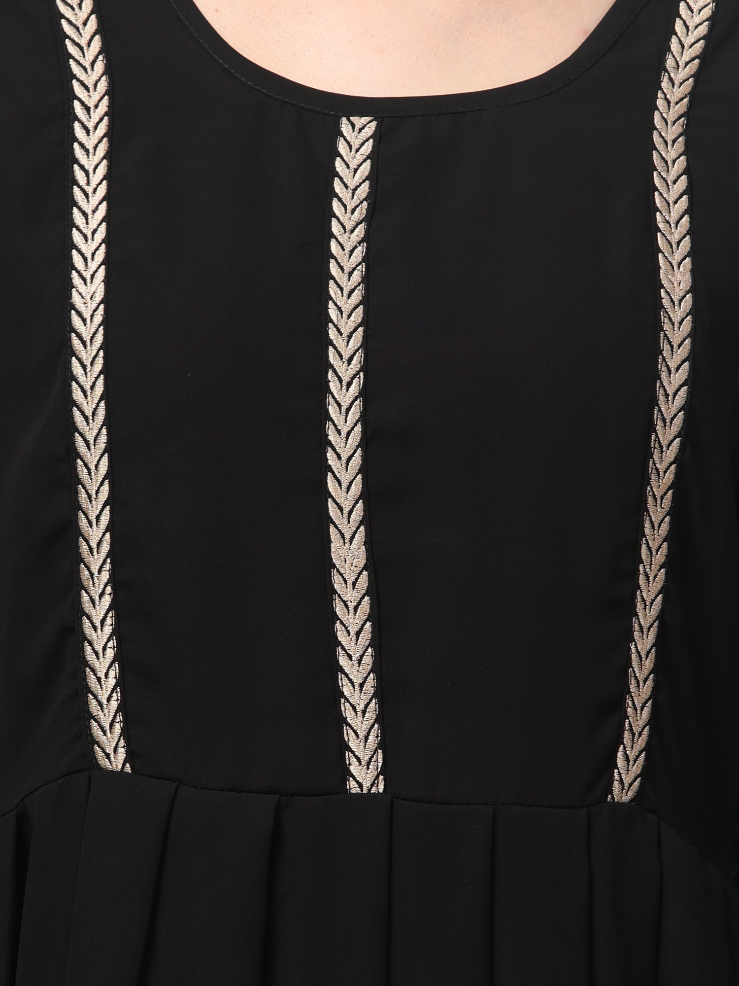 Black Solid Nida Matte Embroidered Abaya with Round Neck