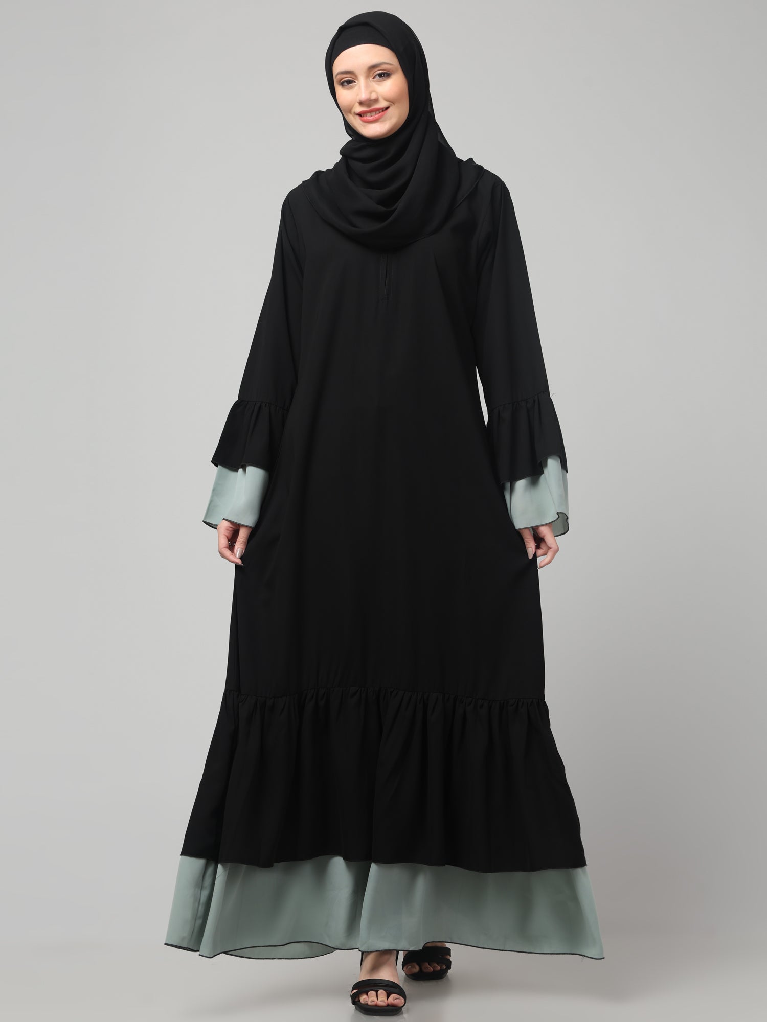Black & Sea Green Nida Matte Modest Abaya Dress for Women