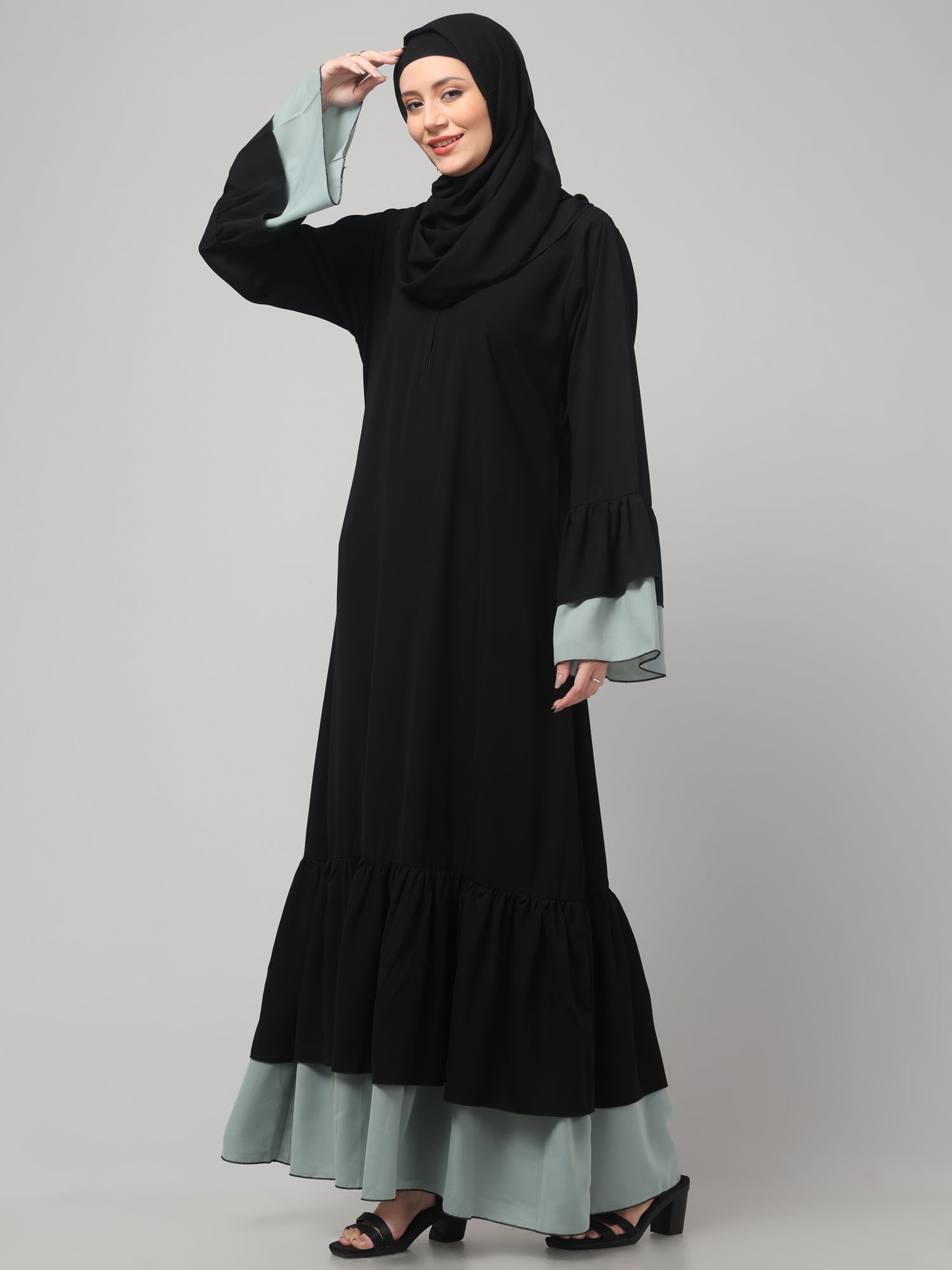 Black & Sea Green Nida Matte Modest Abaya Dress for Women