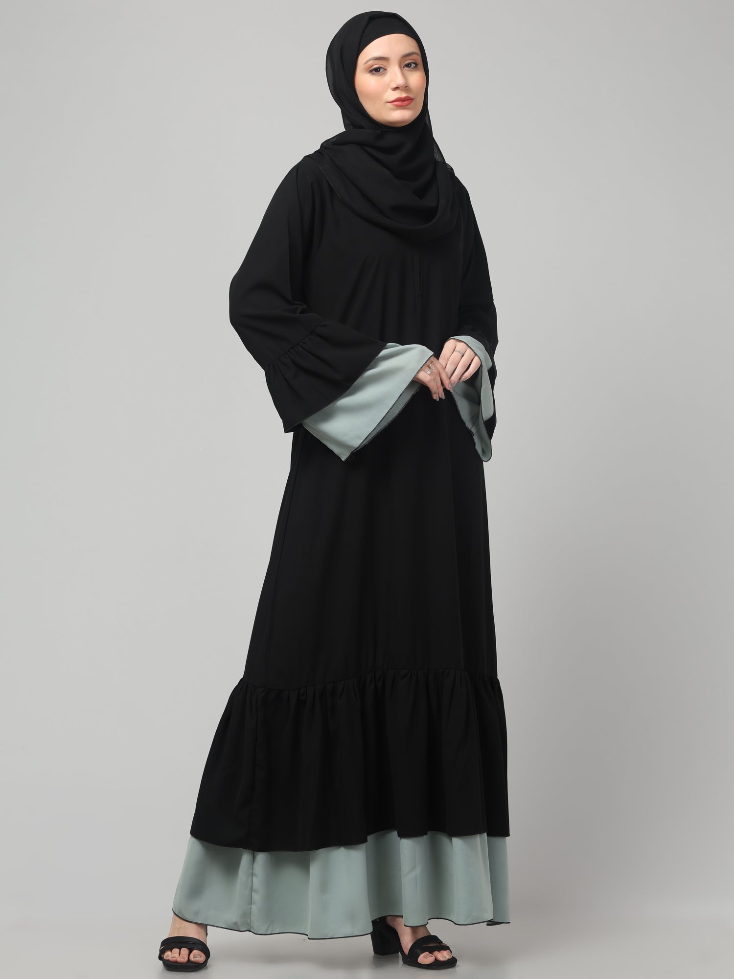 Black & Sea Green Nida Matte Modest Abaya Dress for Women